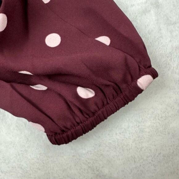 Loft Women's Size M Long Sleeve Split Neck Peplum Blouse Maroon With White Dots - Picture 5 of 11